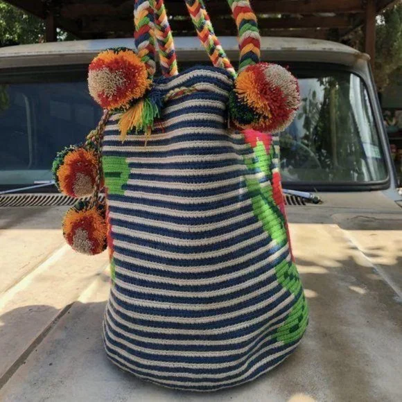 Wayuu Striped Rose Braided Handle Tote Bag Colombi